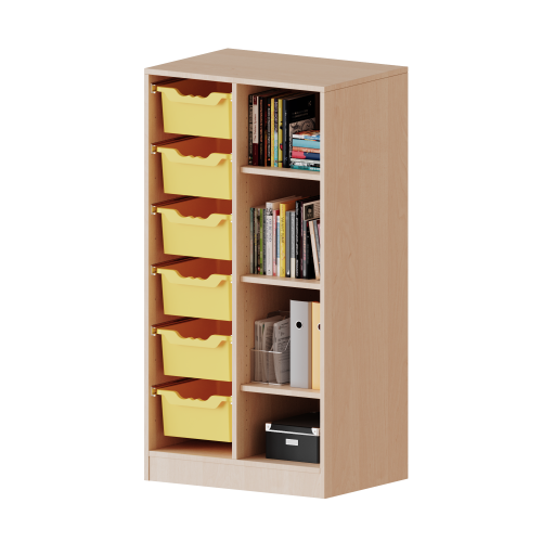 ErgoTray Regal, zweireihig, 3,5 Ordnerhöhen - evo180 Serie B/H/T: 70,3x136x40 cm, mit Sockel (81 mm), rechts 4 Fächer, links 6 hohe ErgoTray Boxen