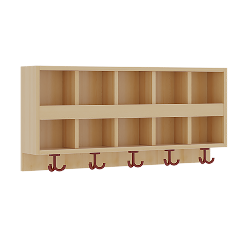 doppelte Garderobenablage mit Blende B/H/T: 100x46x20 cm, aus feuerhemmendem Material, 2x5 Fächer und Blende, 5 St. 3fach-Haken, oben offene Unterteilungen