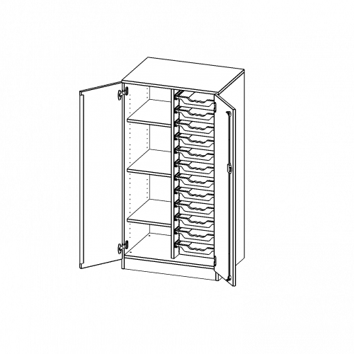 ErgoTray Schrank, zweireihig, 3,5 Ordnerhöhen - evo180 Serie B/H/T: 70,3x136x50 cm, zweitürig, mit Sockel (81 mm), mit 12 flachen ErgoTray Boxen