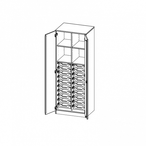 ErgoTray Schrank, zweireihig, 5 Ordnerhöhen - evo180 Serie B/H/T: 70,3x190x50 cm, zweitürig, mit Sockel (81 mm), mit Mittelwand, mit 20 flachen ErgoTray Boxen