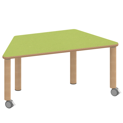 Tisch ZALOTTI mit Linoleum-Belag Trapeztisch, B/H/T: 140x46x70 cm, Massivholzbeine Ø 60 mm, Fußvariante: fahrbar