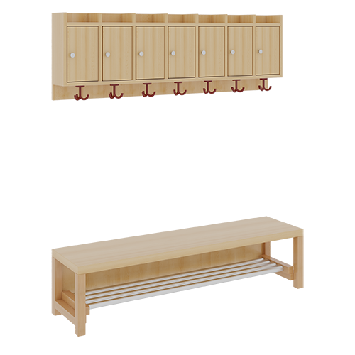 Komplettgarderobe mit Ablagen und Türen B/T: 140x35 cm, 7 Plätze, Sitzhöhe: 42 cm, 2teilig ohne Stütze, Ablage zur Wandmontage, mit Schuhrost aus Aluminiumrohren