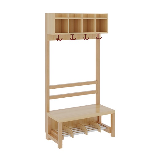 Komplettgarderobe mit einfacher Ablagereihe B/H/T: 80x158x39 cm, 4 Plätze, Sitzhöhe: 42 cm, offene Stütze in Buche-massiv, Schuhrost aus Aluminiumrohren mit Facheinteilungen