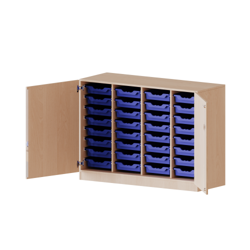 ErgoTray Schrank, vierreihig, 2,5 Ordnerhöhen - evo180 Serie B/H/T: 138,7x100x50 cm, zweiteilig, zweitürig, fahrbar, mit 32 flachen ErgoTray Boxen
