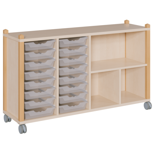 fahrbares Regal in Stollenbauweise B/H/T: 143,3x82,5x40 cm, in 4 Reihen 16 flache ErgoTray-Boxen und 3 Fächer