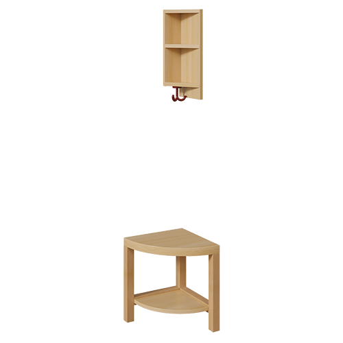 Garderoben-Außenecke, für doppelte Ablage B/H/T: 35x158x39 cm, Sitzhöhe 26 cm, 2teilig als gerundete Bank mit Schuhablage, mit Eckablage, für Garderoben mit Stütze, rechts angestellt