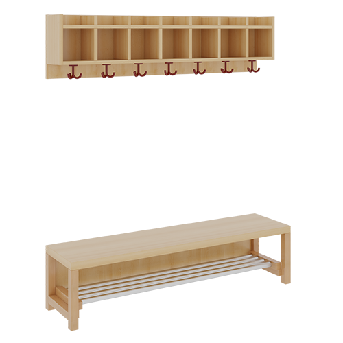 Komplettgarderobe mit einfacher Ablagereihe B/T: 140x35 cm, 7 Plätze, Sitzhöhe: 34 cm, 2teilig ohne Stütze, Ablage zur Wandmontage, mit Schuhrost aus Aluminiumrohren
