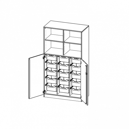 ErgoTray Kombi-Schrank, dreireihig, 5 Ordnerhöhen - evo180 Serie B/H/T: 104,5x190x50 cm, unten 3 OH Türen und 15 hohe ErgoTray Boxen, oben 2 OH Regal, Sockel, mit Mittelwand