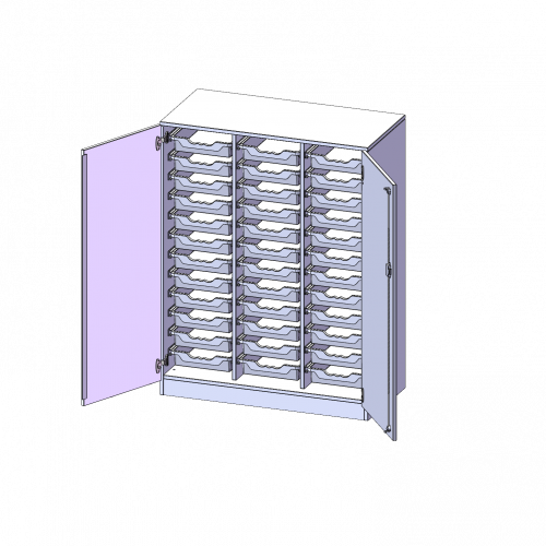 ErgoTray Schrank, dreireihig, 3,5 Ordnerhöhen - evo180 Serie B/H/T: 104,5x136x50 cm, zweitürig, mit Sockel (81 mm), mit 36 flachen ErgoTray Boxen