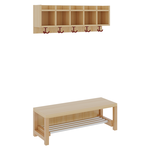 Komplettgarderobe mit einfacher Ablagereihe B/T: 100x35 cm, 5 Plätze, Sitzhöhe: 42 cm, 2teilig ohne Stütze, Ablage zur Wandmontage, mit Schuhrost aus Aluminiumrohren