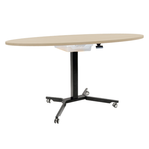 Sitz- / Stehtisch fahrbar mit Schublade und Melaminplatte B/H/T: 130x70-111x80 cm, fahrbarer und höhenverstellbarer Ovaltisch mit abschließbarer Schublade und Melaminplatte
