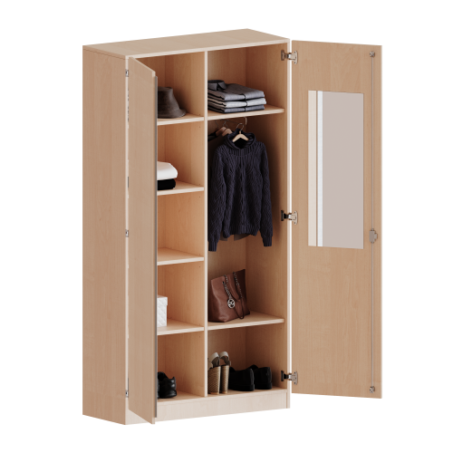 Garderobenschrank mit Spiegel und Garderobenstange, 5 Ordnerhöhen - Serie evo180 B/H/T: 80x190x60 cm, 2 Türen, abschließbar, eine Seite Garderobe, eine Seite Fachboden, Sockel