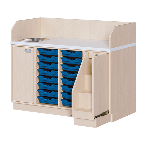 Wickelkommode, dreireihig zuzüglich Waschbecken B/H/T: 143x113x71,5 cm, Ausziehbarer Aufstieg rechts, 16 Boxen und Waschbecken links