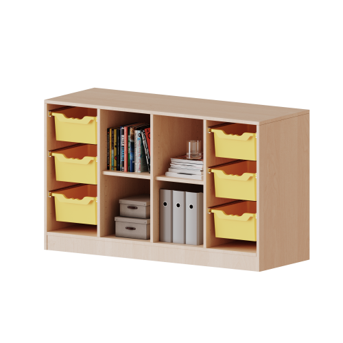 ErgoTray Regal, vierreihig, 2 Ordnerhöhen - evo180 Serie B/H/T: 138,7x82x50 cm, mit Möbelstellfüßen, rechts und links je 3 hohe ErgoTray Boxen, in der Mitte 4 offene Fächer