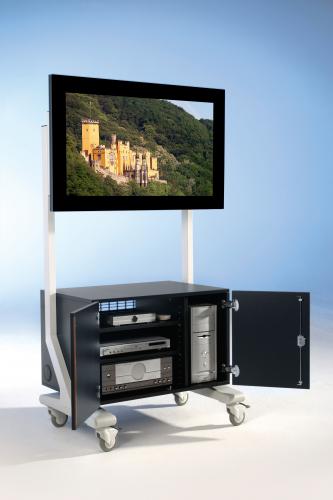 TV Wagen, TV Rack für Fernseher bis 70 Zoll mit großem Unterschrank, Glastüren ScreenCart XL, feste Halterung