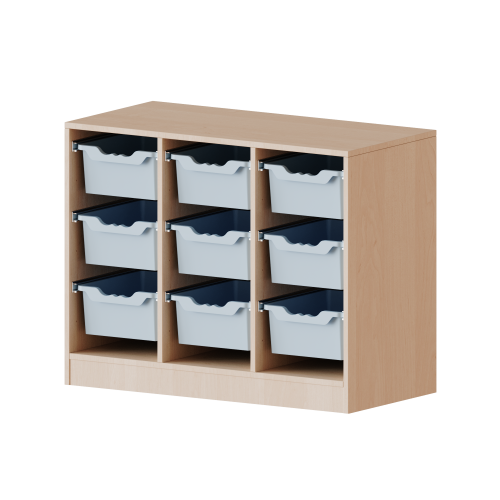ErgoTray Regal, dreireihig, 2 Ordnerhöhen - evo180 Serie B/H/T: 104,5x82x40 cm, mit Sockel (81 mm), 9 hohe ErgoTray Boxen
