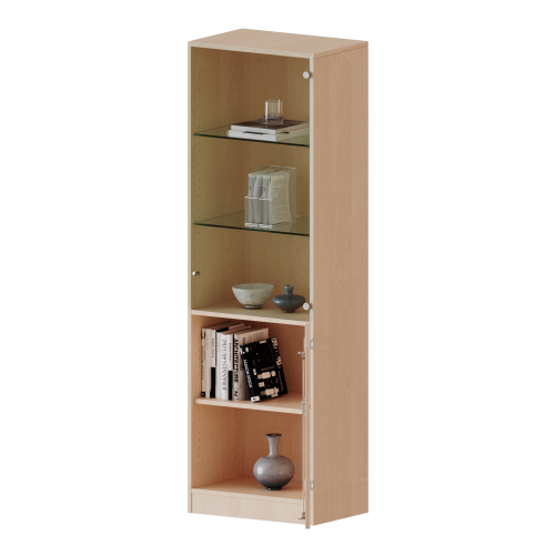 Schrank, 5 Ordnerhöhen, unten Tür (2 OH), oben Vitrinentür (3 OH) - Serie evo180 B/H/T: 60x190x50 cm, 1 geschlossene und 1 Glastür, abschließbar, Türen öffnen nach rechts, Sockel