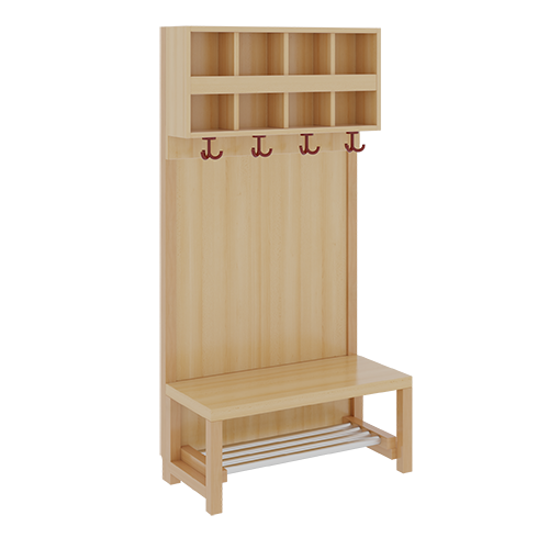Komplettgarderobe mit doppelter Ablagereihe B/H/T: 80x158x39 cm, 4 Plätze, Sitzhöhe: 42 cm, Stütze mit Paneelrückwand in Buche-hell, mit Schuhrost aus Aluminiumrohren