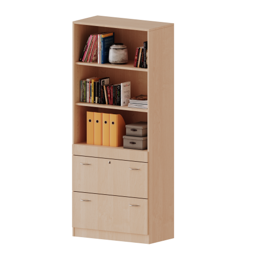 Hängeregister Kombischrank, 5 Ordnerhöhen - Serie evo180 B/H/T: 80x190x40 cm, 2 Auszüge, abschließbar, oben 3 offene Fächer, mit Sockel (81 mm)