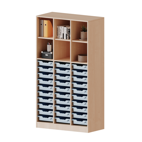 ErgoTray Regal, dreireihig, 5 Ordnerhöhen - evo180 Serie B/H/T: 104,5x190x40 cm, mit Sockel (81 mm) und Mittelwand, unten 30 flache ErgoTray Boxen, oben 3 Einlegeböden