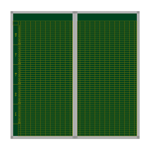 Klassenplantafel erweiterbar, Stahlemaillie grün Stundenplantafel 2-teilig für 20 Klassen mit 8 Tagesstunden, 97x103 cm