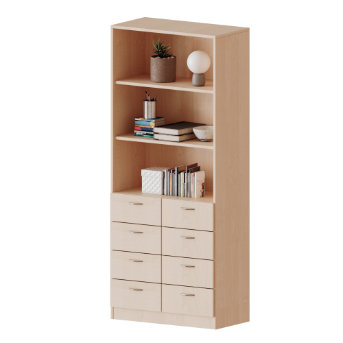 Schubladen - Kombischrank, 5 Ordnerhöhen - Serie evo180 B/H/T: 100x190x50 cm, 8 Schubladen unten, oben 3 offene Fächer, mit Sockel (81 mm)