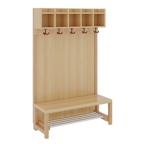 Komplettgarderobe mit einfacher Ablagereihe B/H/T: 100x158x39 cm, 5 Plätze, Sitzhöhe: 42 cm, Stütze mit Paneelrückwand in Buche-hell, mit Schuhrost aus Aluminiumrohren