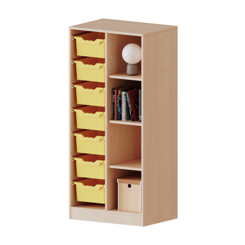 ErgoTray Regal, zweireihig, 4 Ordnerhöhen - evo180 Serie B/H/T: 70,3x154x40 cm, mit Sockel (81 mm), rechts 4 Fächer, links 7 hohe ErgoTray Boxen