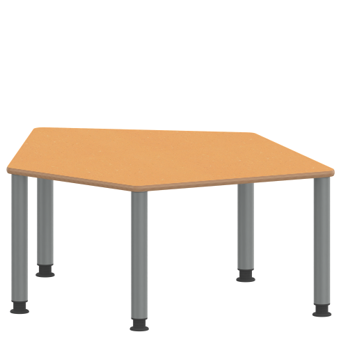 Tisch ZALOTTI mit Linoleum-Belag Fünfecktisch-klein, B/H/T: 121x53x110 cm, Stahlrohrbeine Ø 60 mm, Fußvariante: höhenverstellbar (53/67 cm), Tischbeine mit RAL-Farbe 9006 (weißaluminium)