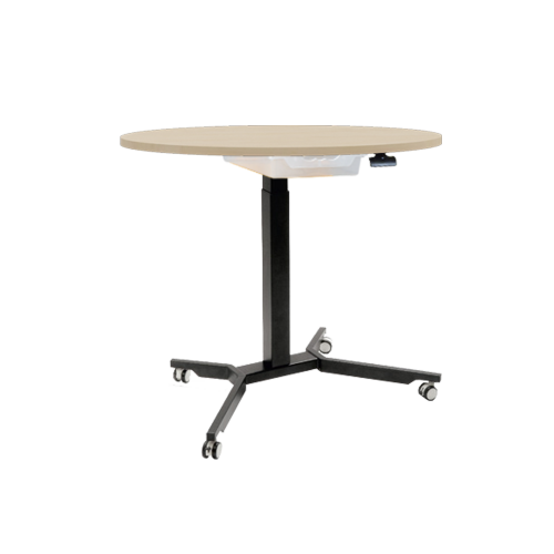 Sitz- / Stehtisch fahrbar mit Schublade und Melaminplatte DM 80 cm, Höhe: 70-111 cm, fahrbarer und höhenverstellbarer Rundtisch mit Schublade und Melaminplatte