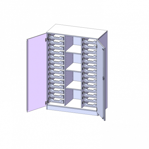 ErgoTray Schrank, dreireihig, 4 Ordnerhöhen - evo180 Serie B/H/T: 104,5x154x50 cm, zweitürig, mit Sockel (81 mm), mit 28 flachen ErgoTray Boxen