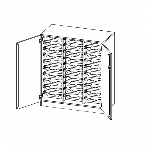 ErgoTray Schrank, dreireihig, 3 Ordnerhöhen - evo180 Serie B/H/T: 104,5x118x50 cm, zweitürig, mit Sockel (81 mm), mit 30 flachen ErgoTray Boxen