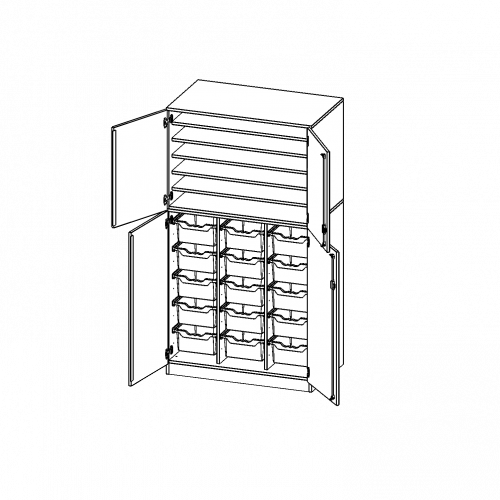 Bastelschrank, 5 Ordnerhöhen - Serie evo180 B/H/T: 104,5x190x60 cm, 4-türiger Schrank mit 15 hohen ErgoTray Boxen, zweiteilig, mit Sockel (81 mm)