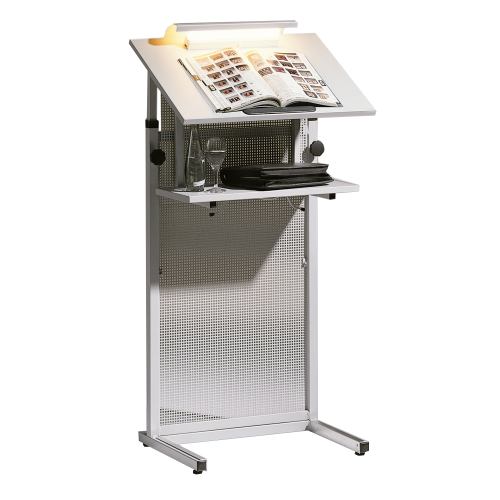 Rednerpult mit Lochblech Frontblende der Serie RP 7 B/H/T: 60x106-128x45 cm, fahrbar