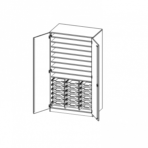 Bastelschrank, 5 Ordnerhöhen - Serie evo180 B/H/T: 104,5x190x65 cm, 2-türiger Schrank mit 18 flachen ErgoTray Boxen, mit Sockel (81 mm)