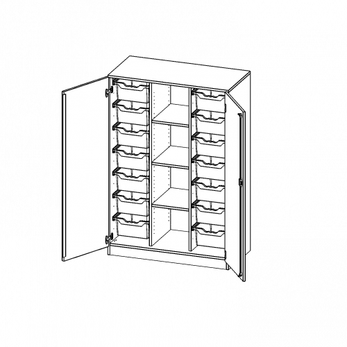 ErgoTray Schrank, dreireihig, 4 Ordnerhöhen - evo180 Serie B/H/T: 104,5x154x50 cm, zweitürig, mit Sockel (81 mm), mit 14 hohen ErgoTray Boxen