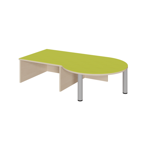 Podest mit Linoleum-Deckplatte und Nische, Rundungsansatz rechts B/H/T: 150x46x87/70 cm, Rundungsansatz rechts und Rollkastennische links