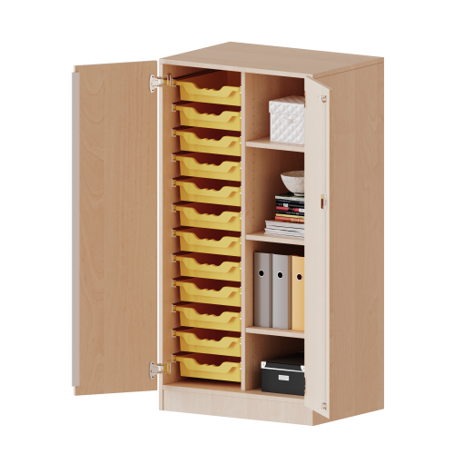 ErgoTray Schrank, zweireihig, 3,5 Ordnerhöhen - evo180 Serie B/H/T: 70,3x136x50 cm, zweitürig, mit Sockel (81 mm), mit 12 flachen ErgoTray Boxen
