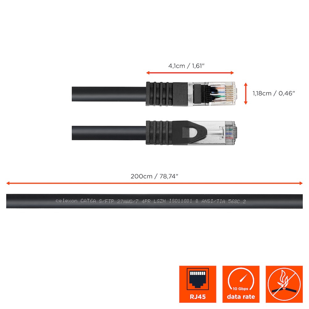 celexon CAT 6A Patchkabel - S/FTP 2,0m, schwarz