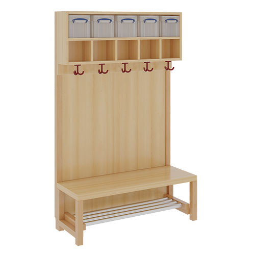 Komplettgarderobe mit doppelter Ablagereihe inklusive Boxen B/H/T: 100x158x39 cm, 5 Plätze, Sitzhöhe: 42 cm, Stütze mit Paneelrückwand, mit Schuhrost aus Aluminiumrohren