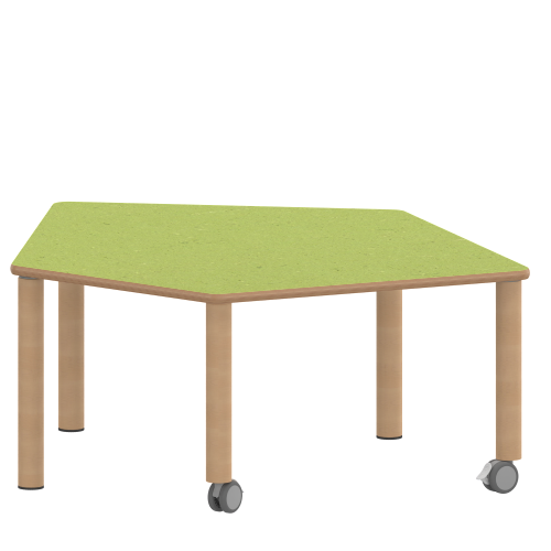 Tisch ZALOTTI mit Linoleum-Belag Fünfecktisch-klein, B/H/T: 121x46x110 cm, Massivholzbeine Ø 60 mm, Fußvariante: fahrbar