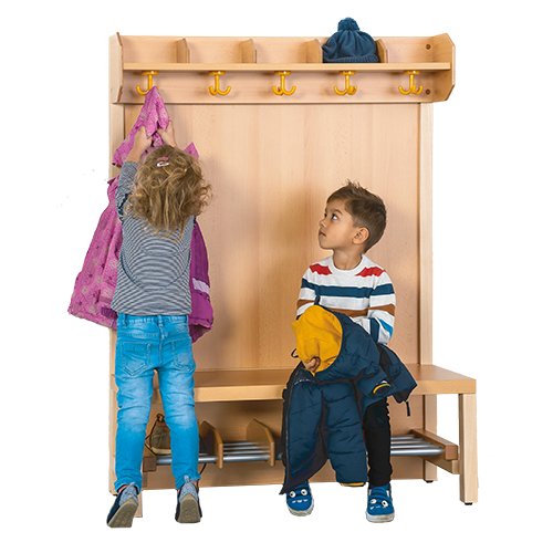Komplettgarderobe mit offener Ablagereihe B/H/T: 100x158x39 cm, 5 Plätze, Sitzhöhe: 42 cm, Stütze mit Paneelrückwand in Buche-hell, Alurohr-Schuhrost mit Trennungen