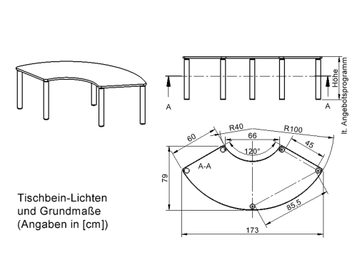Tisch ZALOTTI mit Schichtstoff-Belag Drittelkreistisch, B/H/T: 173x76x80 cm, Massivholzbeine Ø 60 mm, Fußvariante: Stellfuß