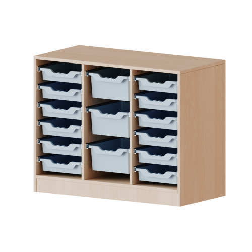 ErgoTray Regal, dreireihig, 2 Ordnerhöhen - evo180 Serie B/H/T: 104,5x82x50 cm, fahrbar, rechts und links je 6 flache, in der Mitte 3 hohe ErgoTray Boxen