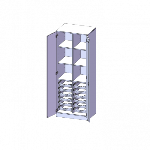 ErgoTray Schrank, zweireihig, 5 Ordnerhöhen - evo180 Serie B/H/T: 70,3x190x50 cm, zweitürig, mit Sockel (81 mm), mit Mittelwand, mit 12 flachen ErgoTray Boxen