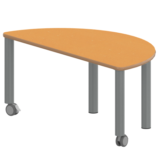 Tisch ZALOTTI mit Linoleum-Belag Halbrundtisch, B/H/T: 120x46x60 cm, Stahlrohrbeine Ø 60 mm, Fußvariante: fahrbar, Tischbeine mit RAL-Farbe 9006 (weißaluminium)
