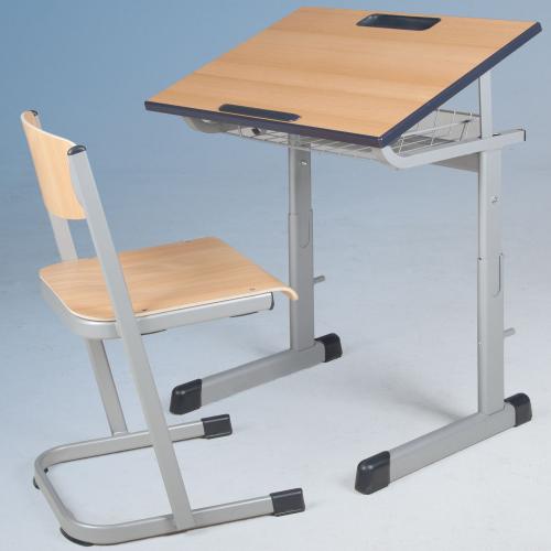 Zweier-Schülertisch TSH50Z-K mit melaminharzbeschichteter Tischplatte, schräg- und höhenverstellbar B/H/T: 130x59-76x55 cm, mit Drahtkorb