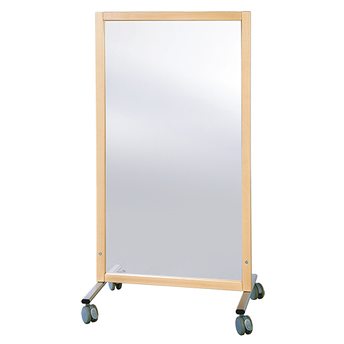 Trennwand fahrbar, mit Melamin-Fläche B/H/T: 74x137x50 cm, einseitig Spiegel, Stahlgestell mit RAL-Farbe 9006 (weißaluminium)