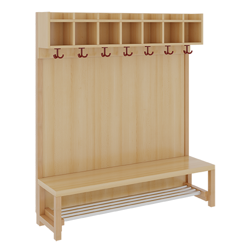 Komplettgarderobe mit einfacher Ablagereihe B/H/T: 140x130x39 cm, 7 Plätze, Sitzhöhe: 26 cm, Stütze mit Paneelrückwand in Buche-hell, mit Schuhrost aus Aluminiumrohren