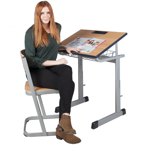 Zweier-Schülertisch TSH50Z-K mit melaminharzbeschichteter Tischplatte, schräg- und höhenverstellbar B/H/T: 130x59-76x55 cm, mit Drahtkorb